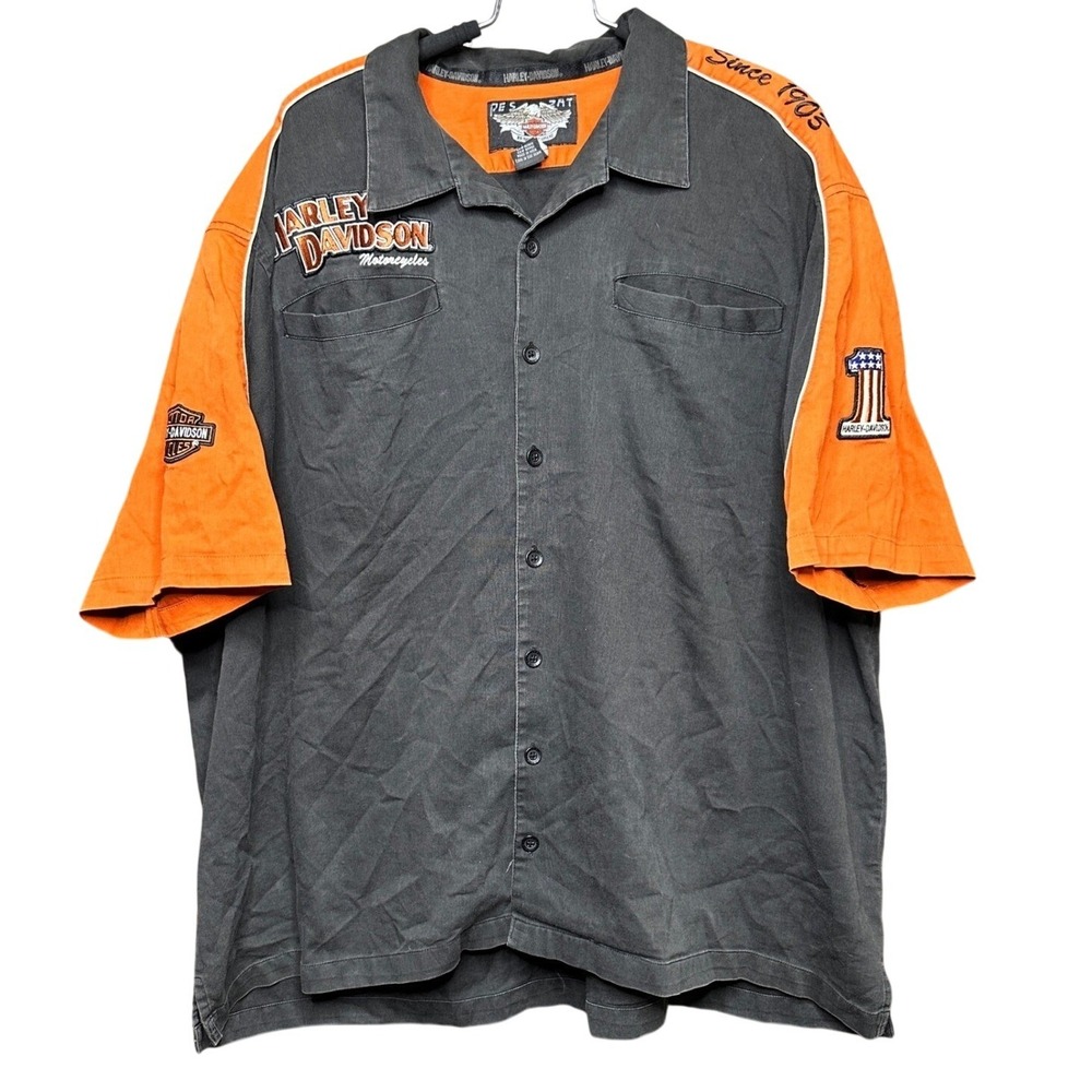 Harley Davidson Mens 3XL Button Up Shirt Black Orange Embroidered Biker Garage